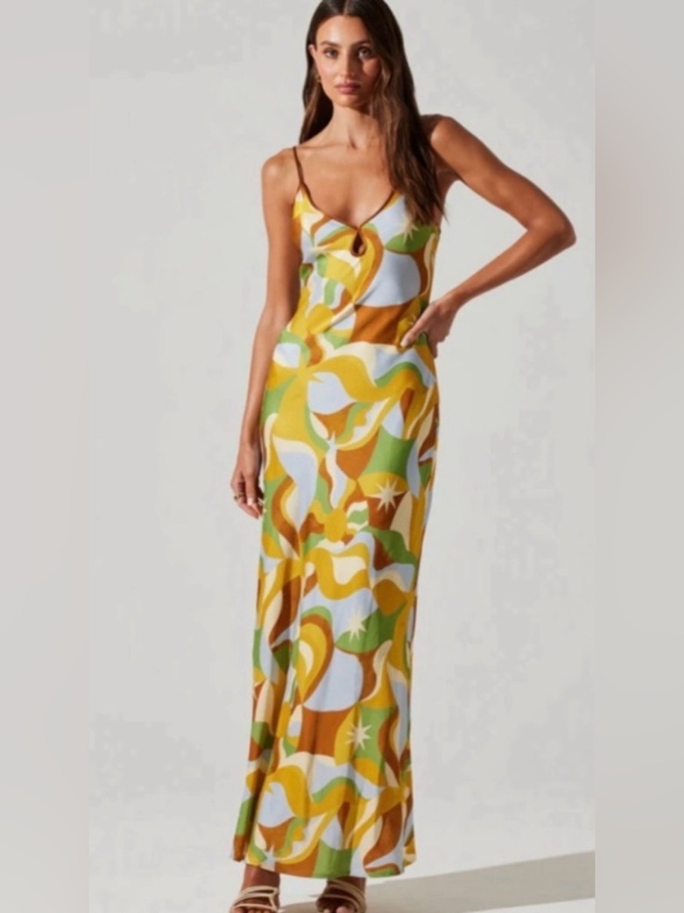 ASTR The Label Abstract Boho Print Slip Maxi Dress in Gold, Green, Rust, Blue